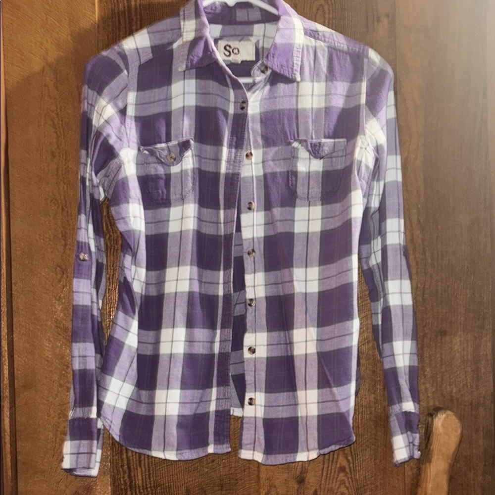 SO Purple and White Button Down Shirt Lightweight Plaid